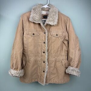 Vtg NorthCrest Womens Tan Corduroy Faux Fur Trim Jacket Floral Lining Small Boho